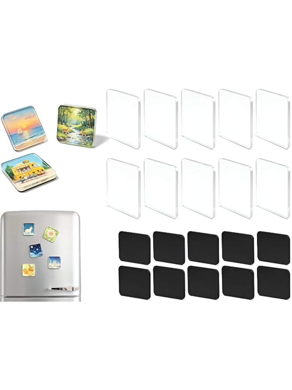 20 Pcs DIY Fridge Magnets Kit,Square Clear Acrylic Set with Adhesive Backing - D